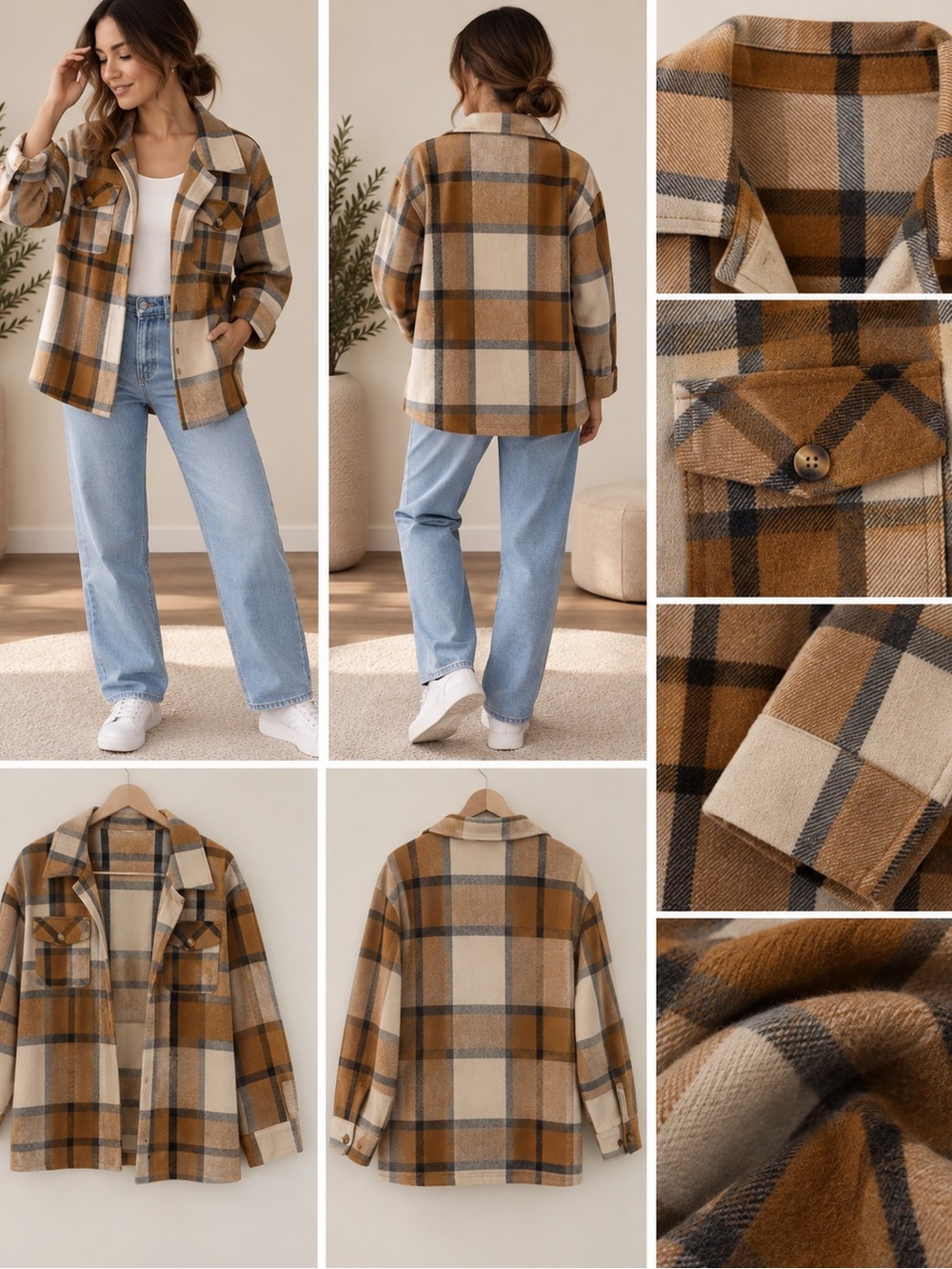 Plaid Shacket Jacket in Camel & Cream - Women's Oversized Coat